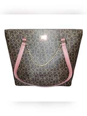 Calvin Klein Brown Monogram Tote with Pink Trim NWOT NO CALLOUTS